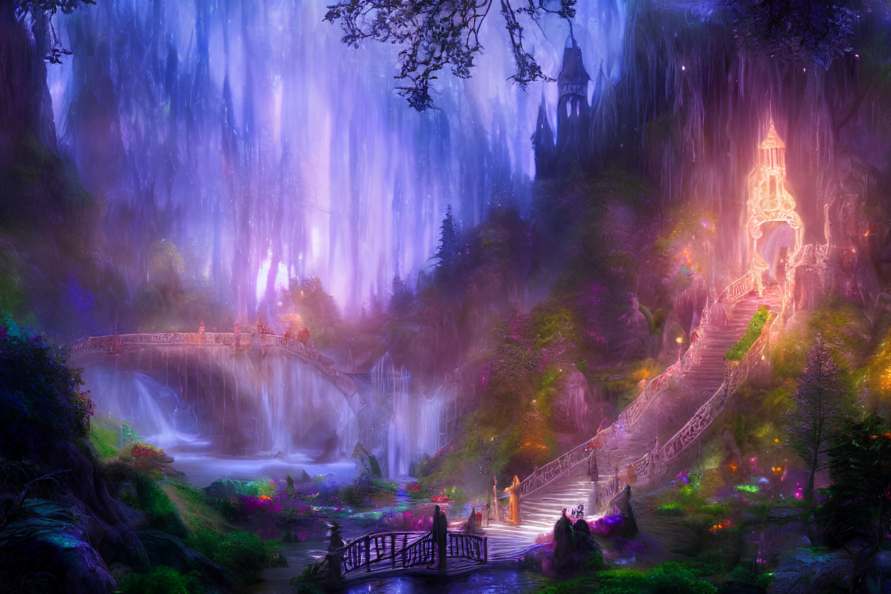 Vivid purple and pink mystical landscape with castle, bridge, and waterfalls