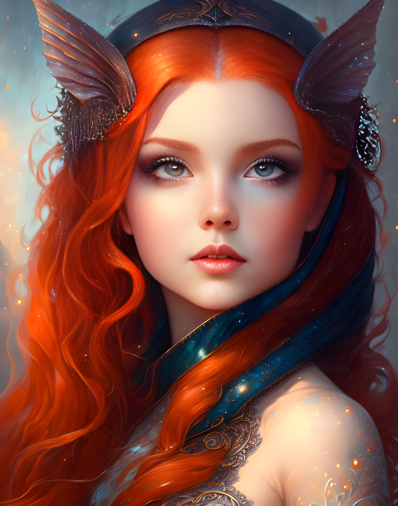 Fantastical portrait of a woman with red hair and pointed ears