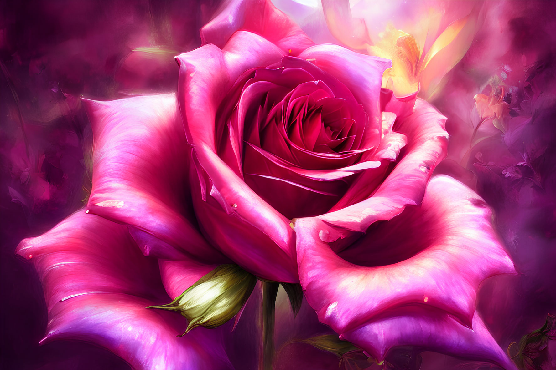 Colorful digital artwork featuring large pink rose in full bloom with soft glow and blurred floral background in purple