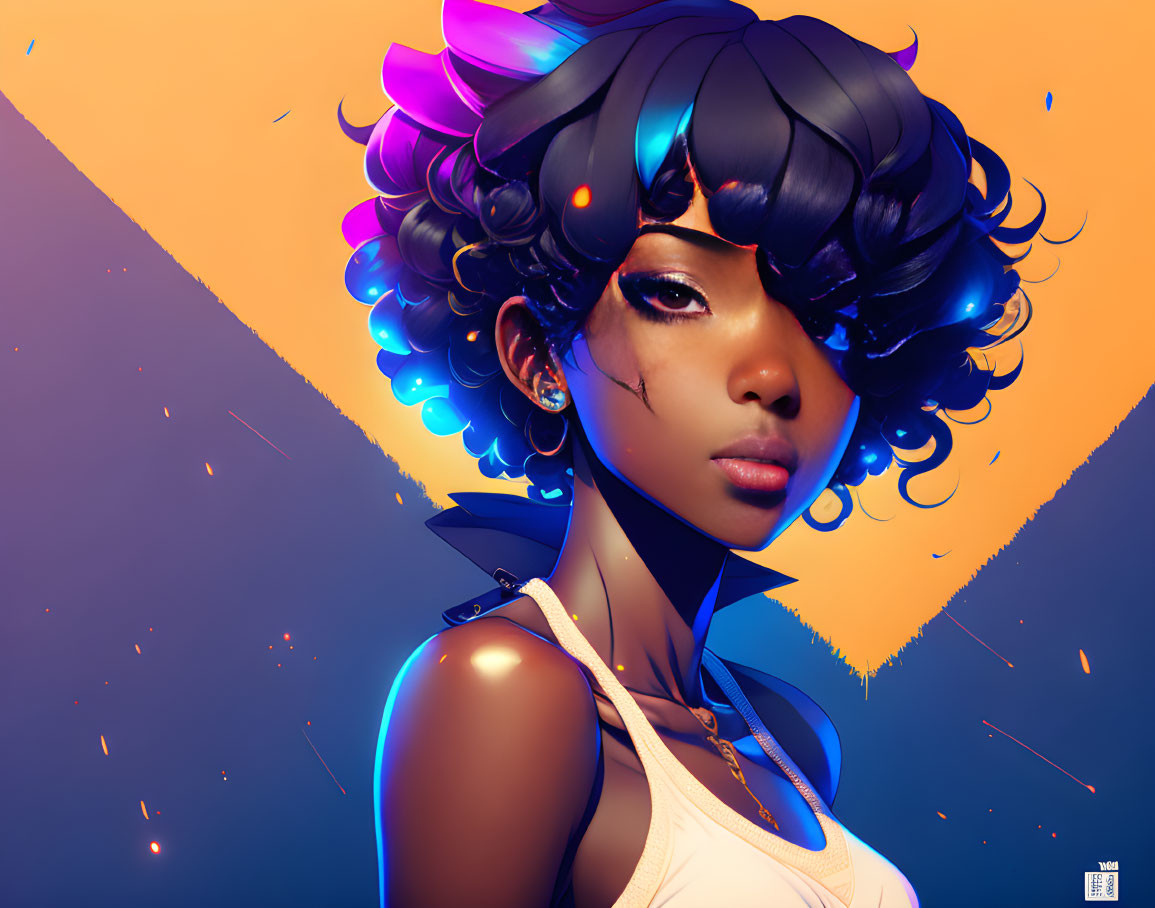 Stylized digital artwork: Woman with curly black hair and glowing blue accents on abstract orange and blue