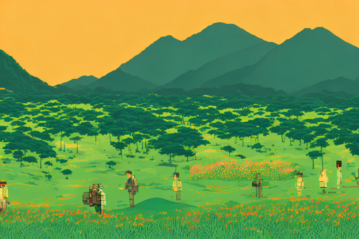 Tranquil meadow with flowers, people, robots, mountains, amber sky