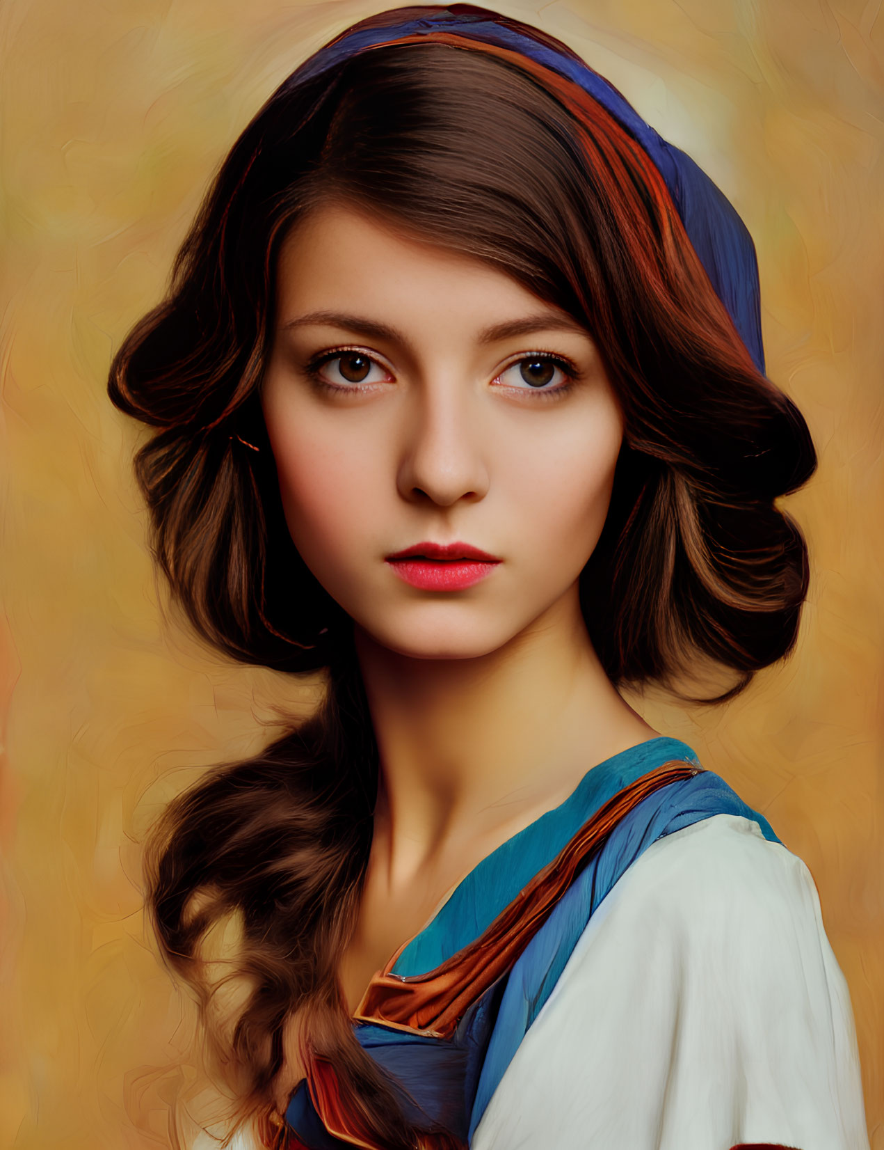 Serene young woman in blue headscarf with wavy brown hair against warm background