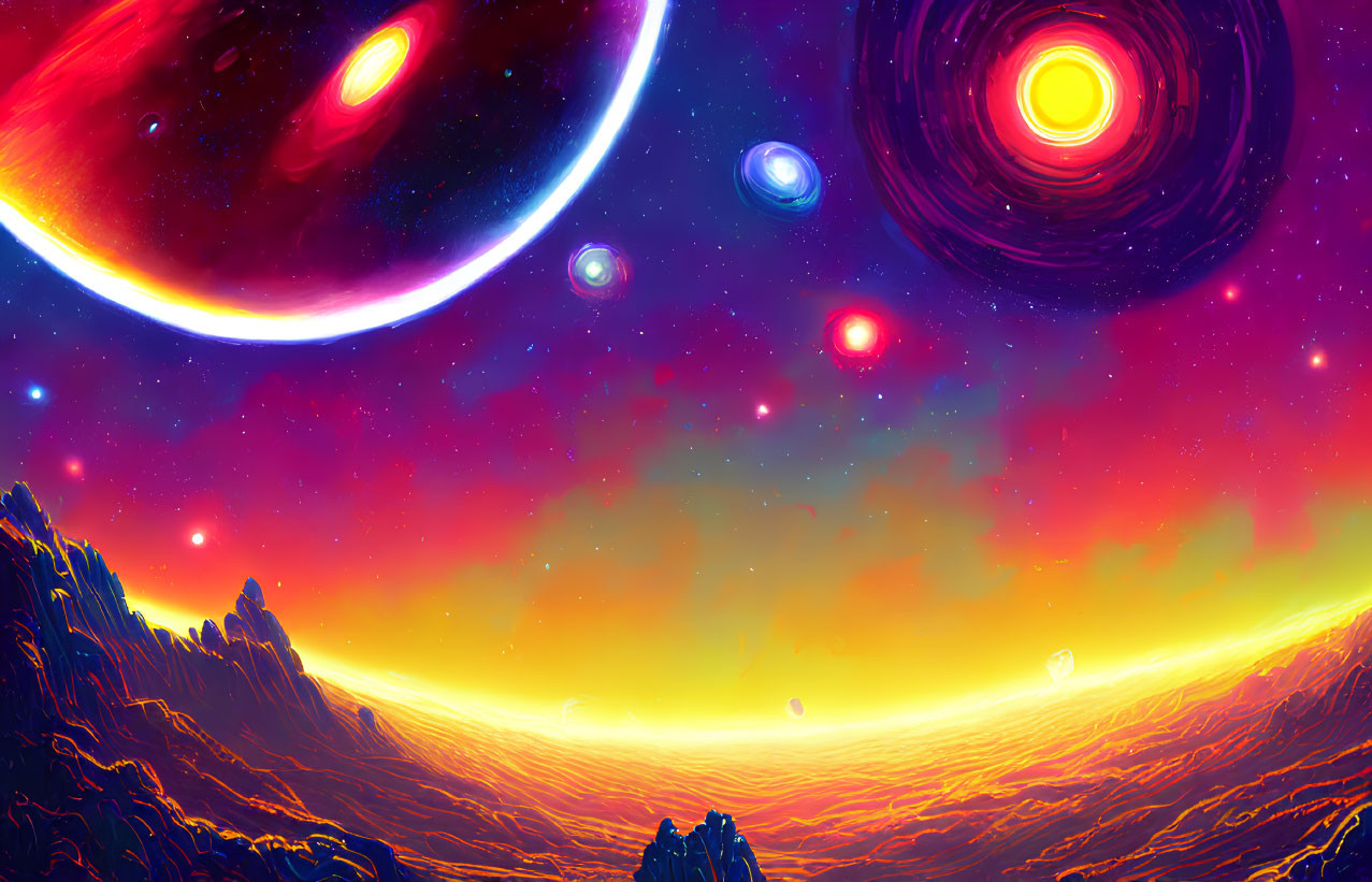 Colorful Cosmic Illustration: Planets, Stars, & Alien Landscape