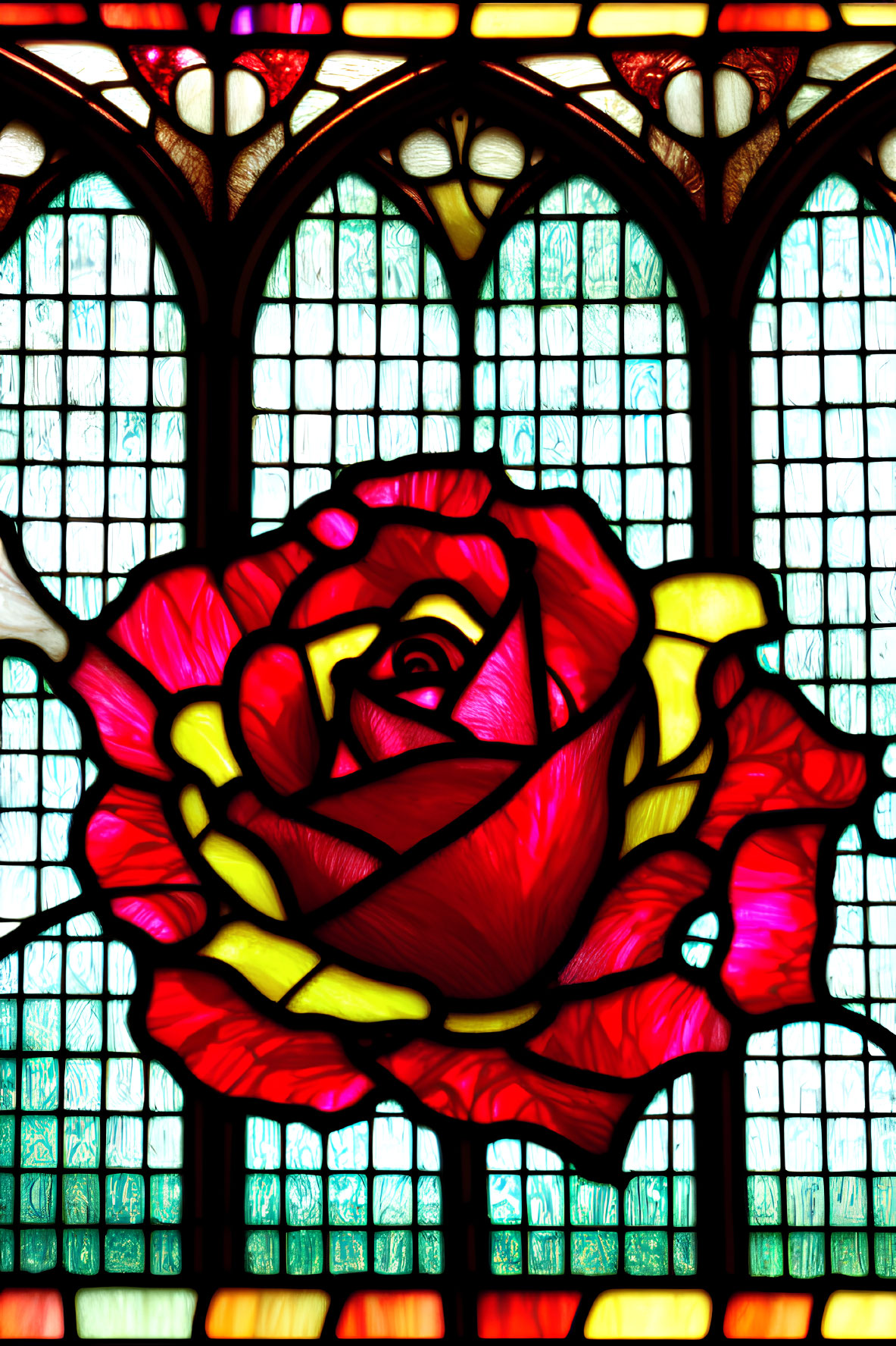 Colorful stained glass window featuring detailed red rose on multicolored background