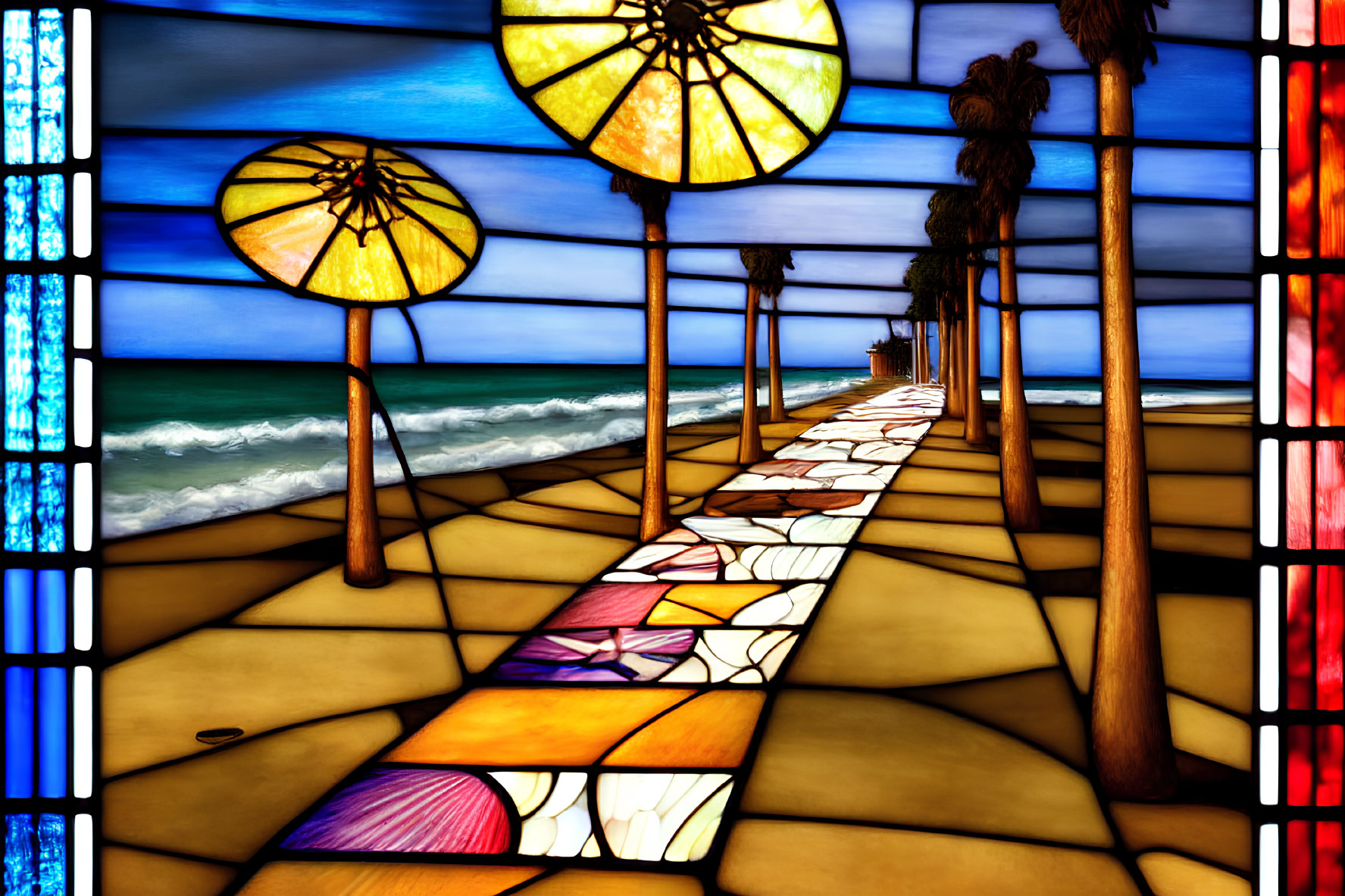 Colorful Stained Glass Artwork of Beach Scene