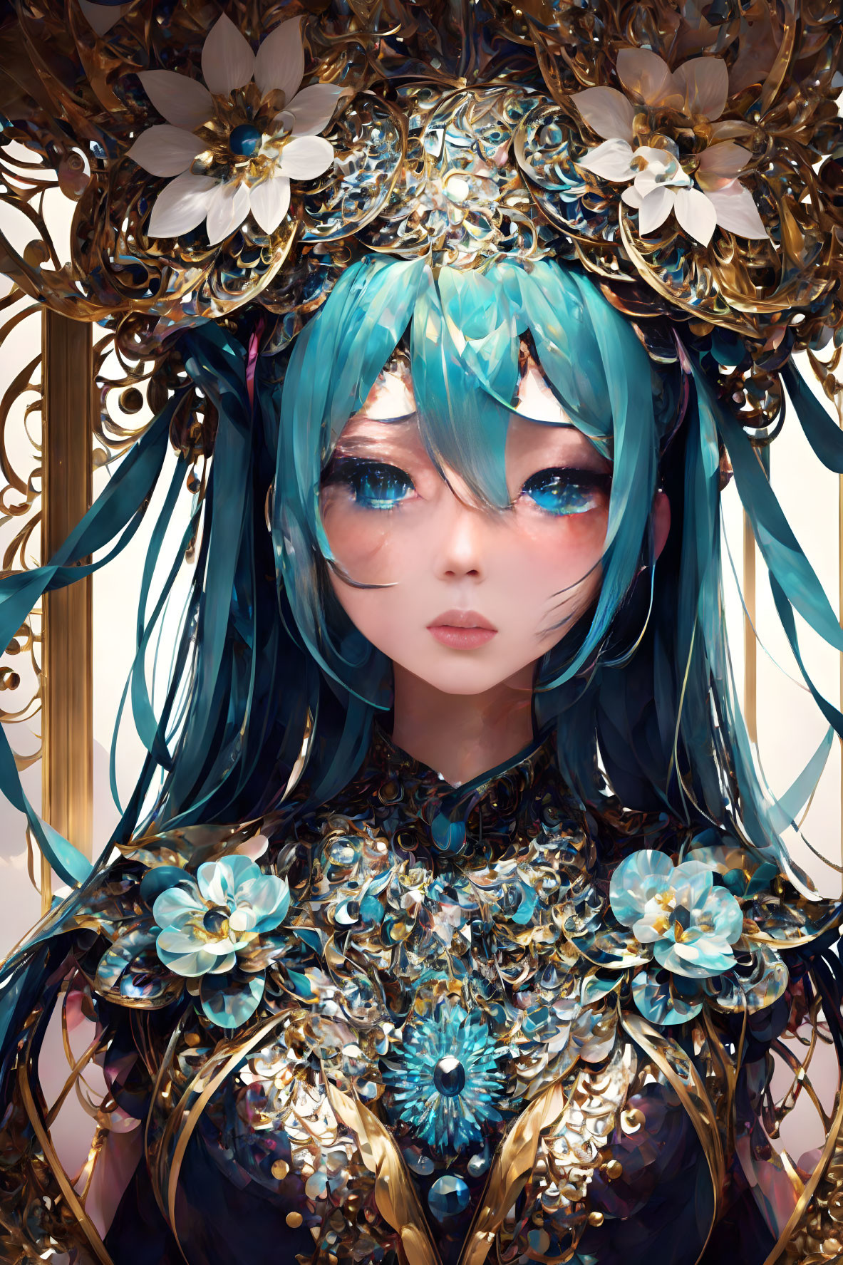 Cyan-haired female character in golden floral headdress