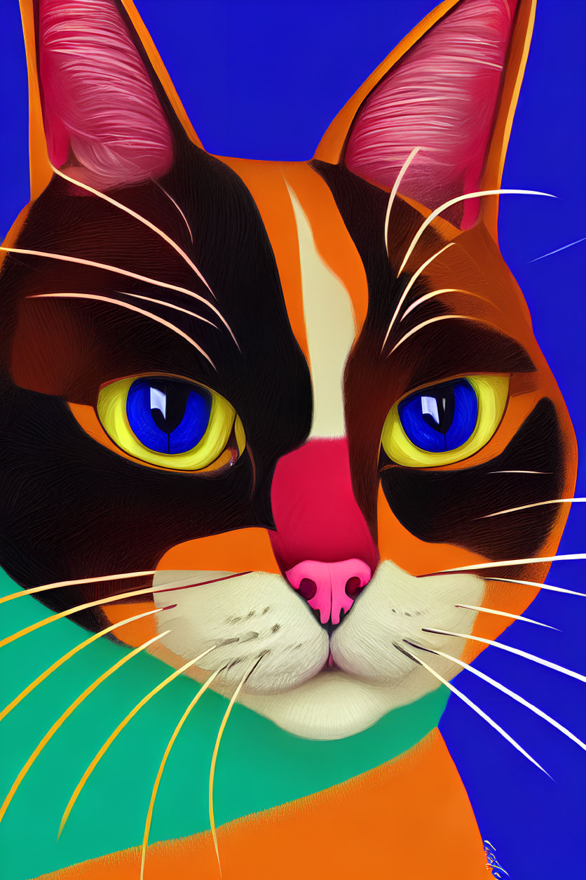 Colorful digital art: stylized cat with yellow eyes on blue background