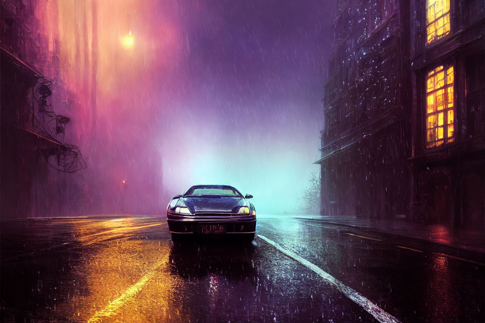 Rain-drenched street at night with parked car and neon lights