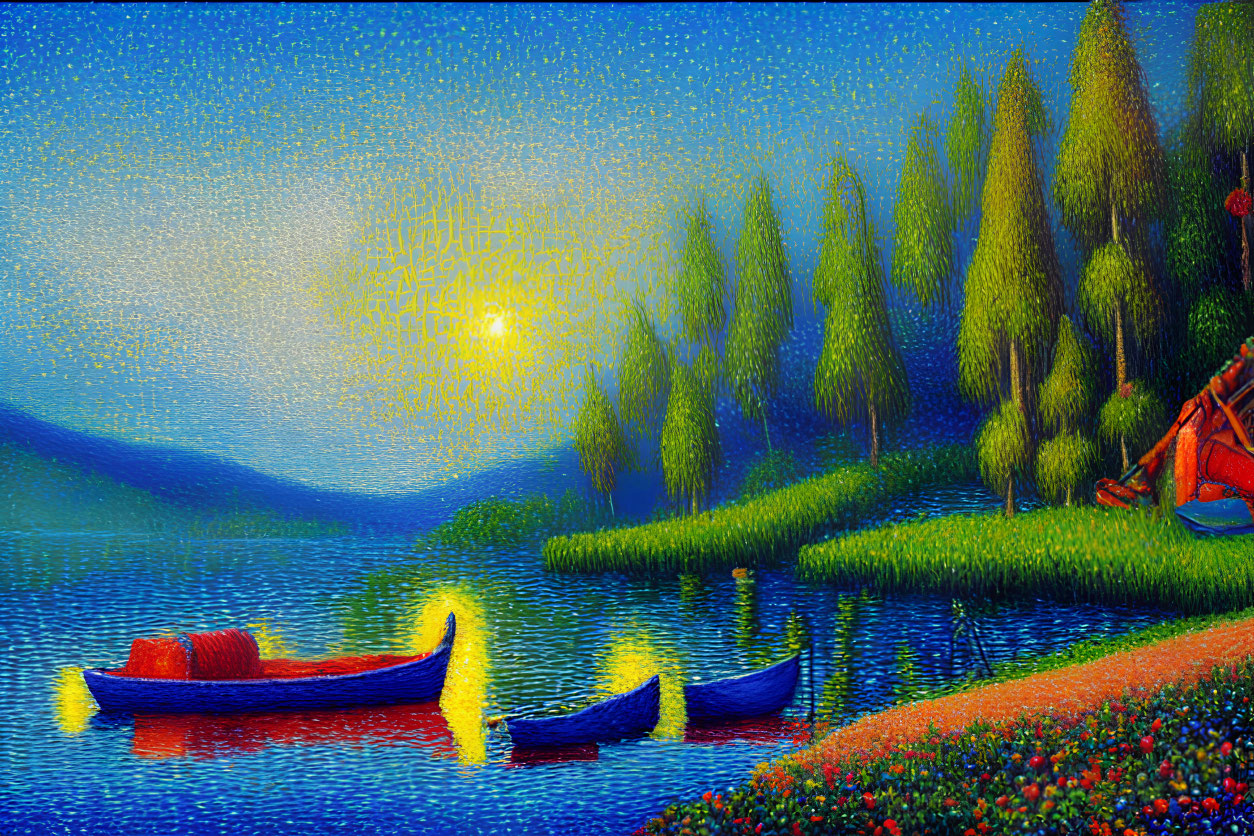 Colorful Lakeside Sunset Painting with Boats, Trees, Flowers, and Pointillist Style