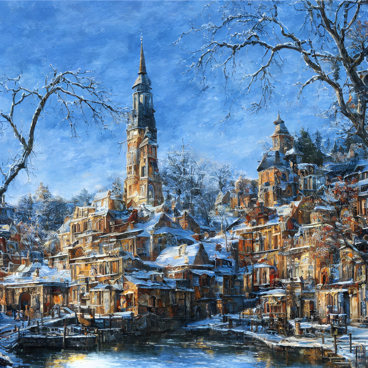 Snowy village with historical buildings, church spire, river, and bare trees under blue sky