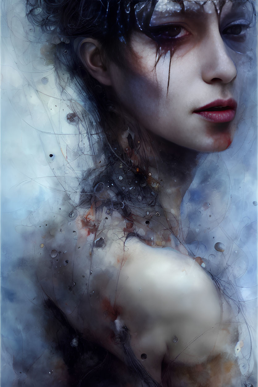 Surreal portrait featuring person with red lips and textured skin swirls