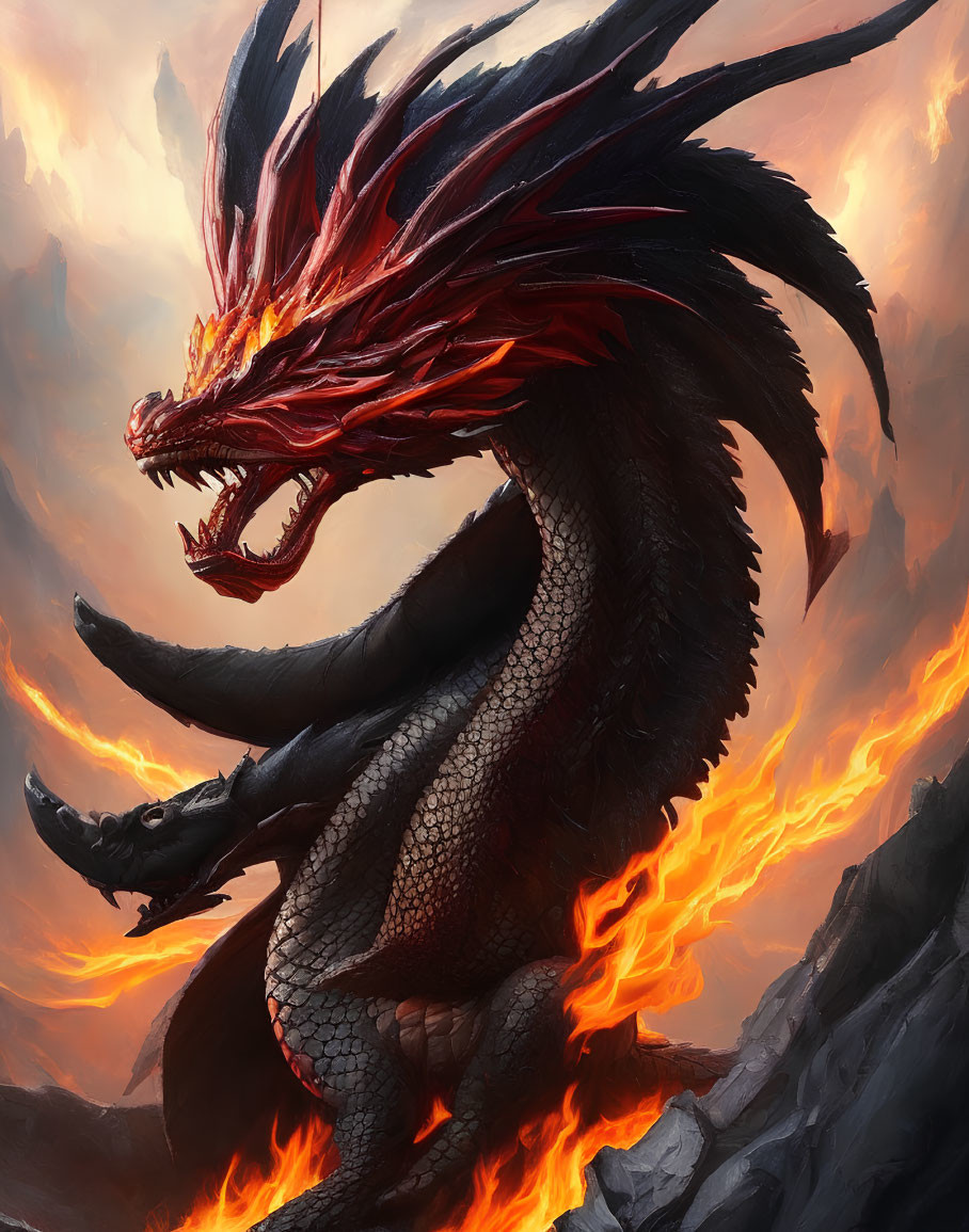 Red and Black Dragon with Glowing Eyes and Flames in Cloudy Sky