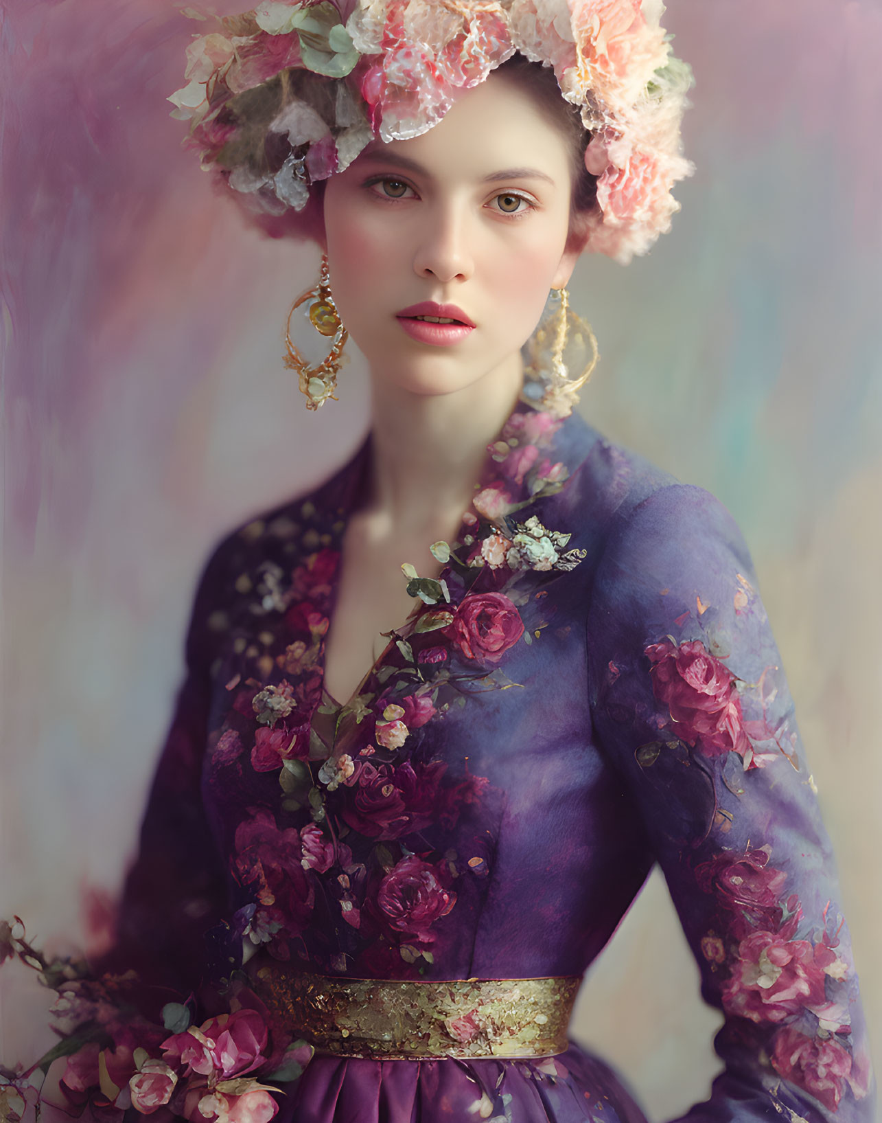 Woman in purple floral dress with headpiece and gold earrings on pastel background.