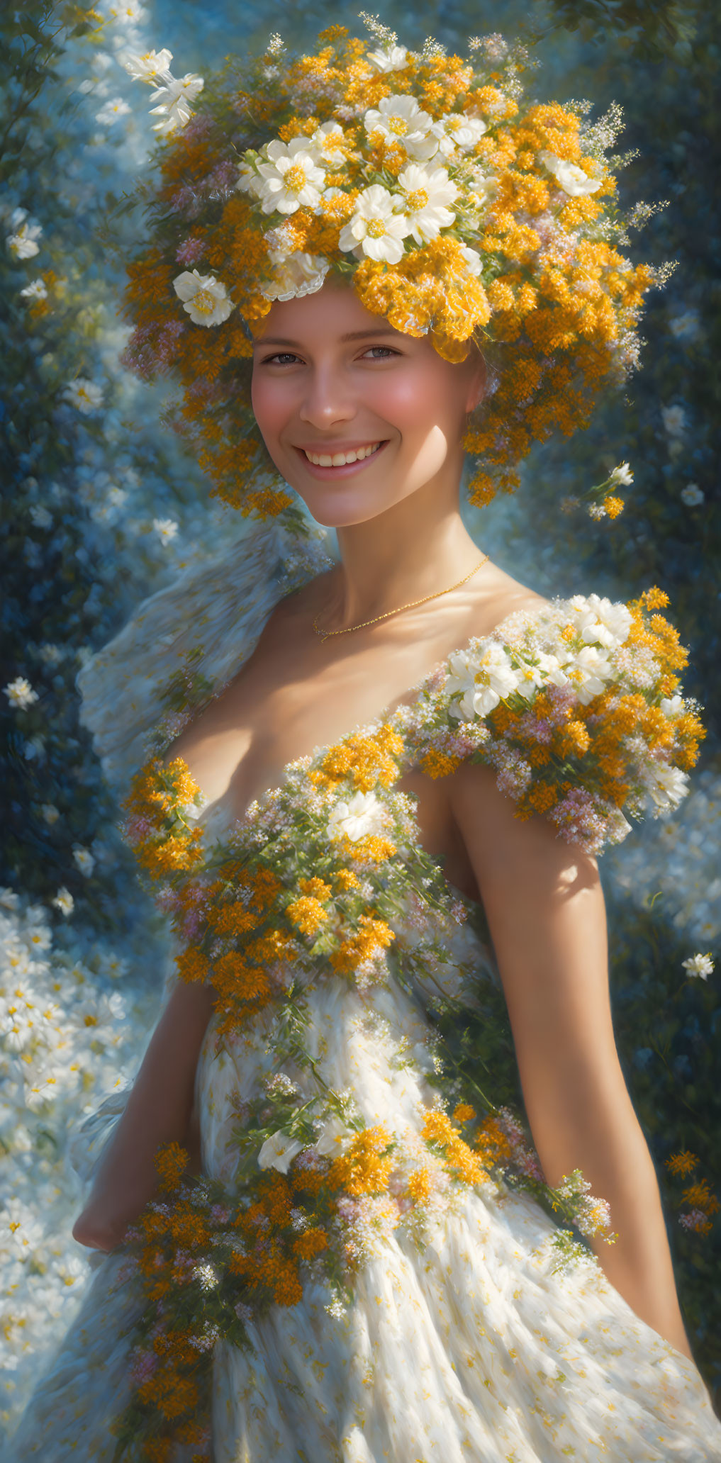 Woman in floral dress smiles in sunlit daisy field