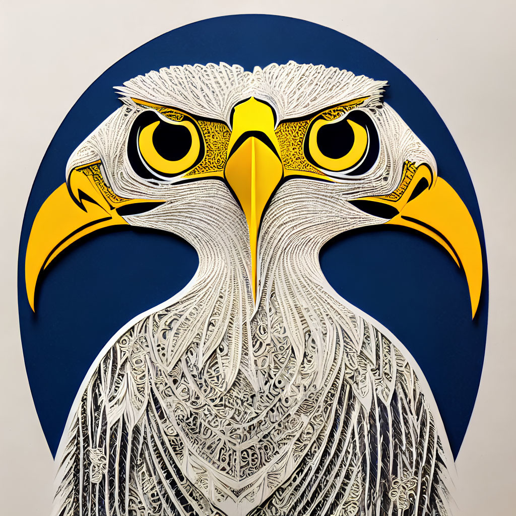 Detailed Paper Cut Art of Eagle's Head with Yellow Eyes and Intricate Patterns on Blue Background