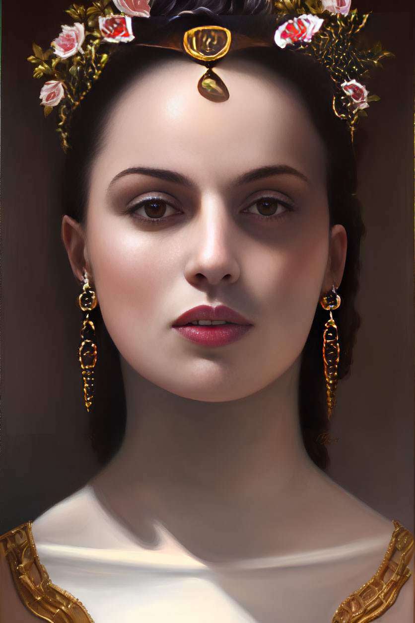 Regal woman portrait with floral crown and gold jewelry