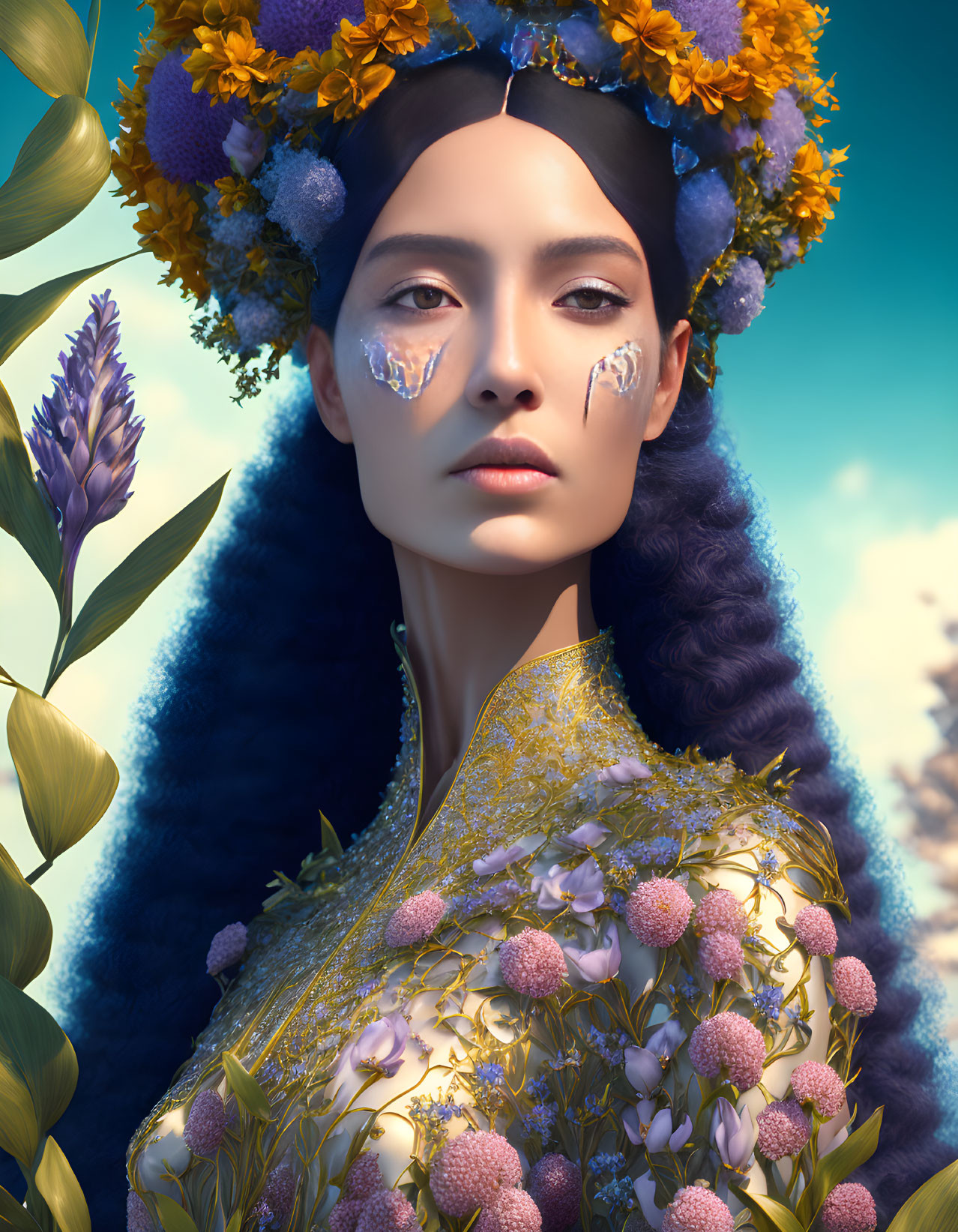 Woman adorned with flowers and sparkling makeup in embellished attire on sky-blue backdrop