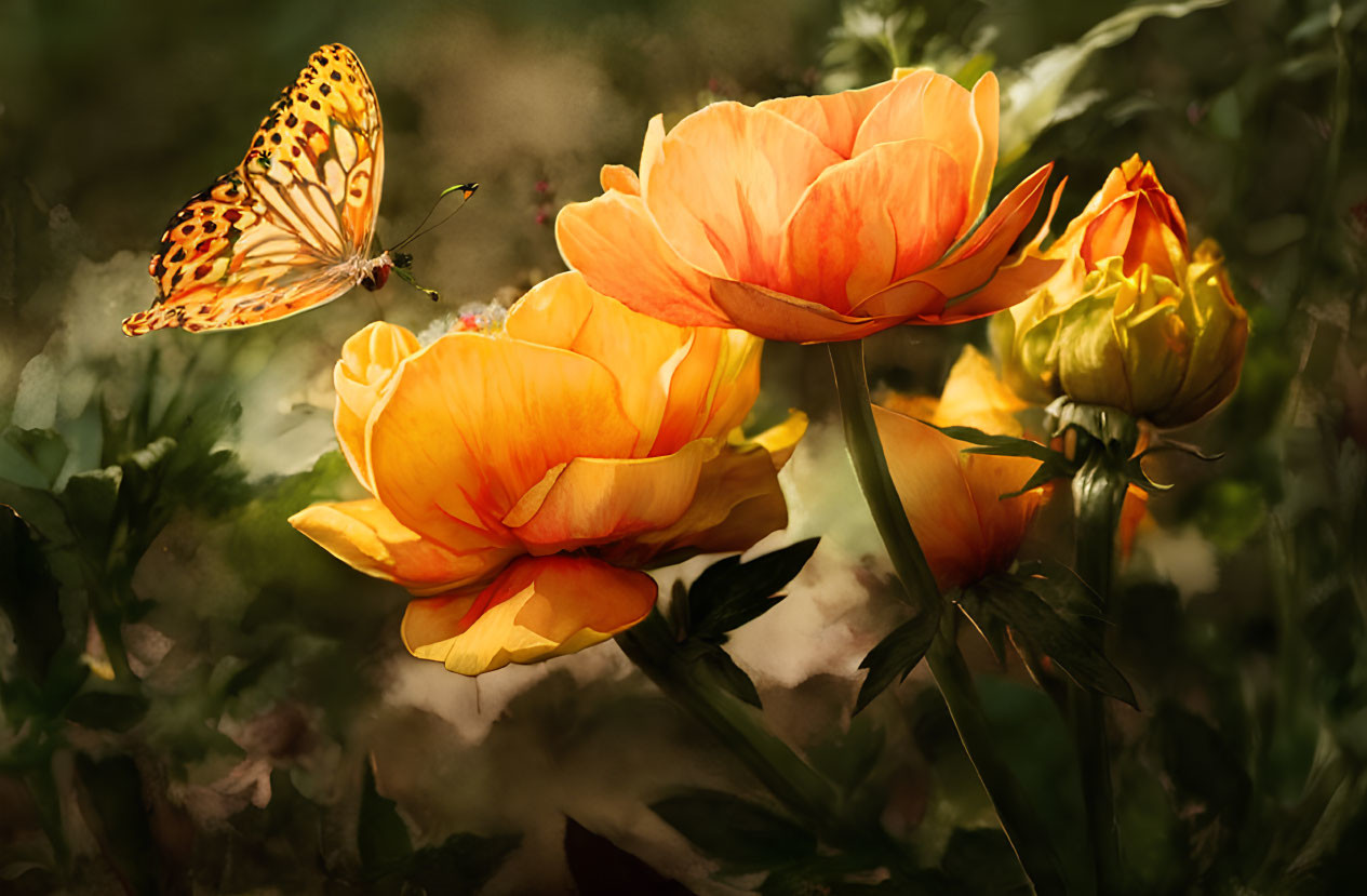 Patterned butterfly on vibrant orange flowers in soft-focused greenery