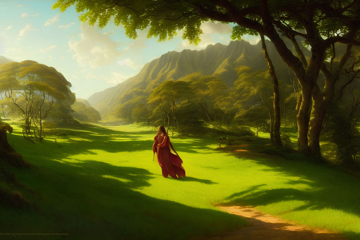 Tranquil landscape with person in red cloak walking towards mountains