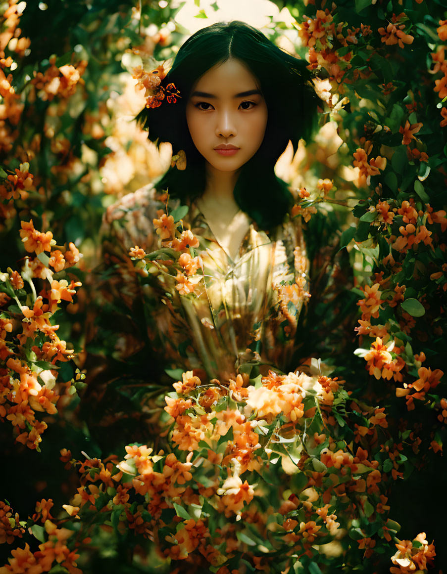 Woman with Dark Hair Among Orange Blooms and Greenery