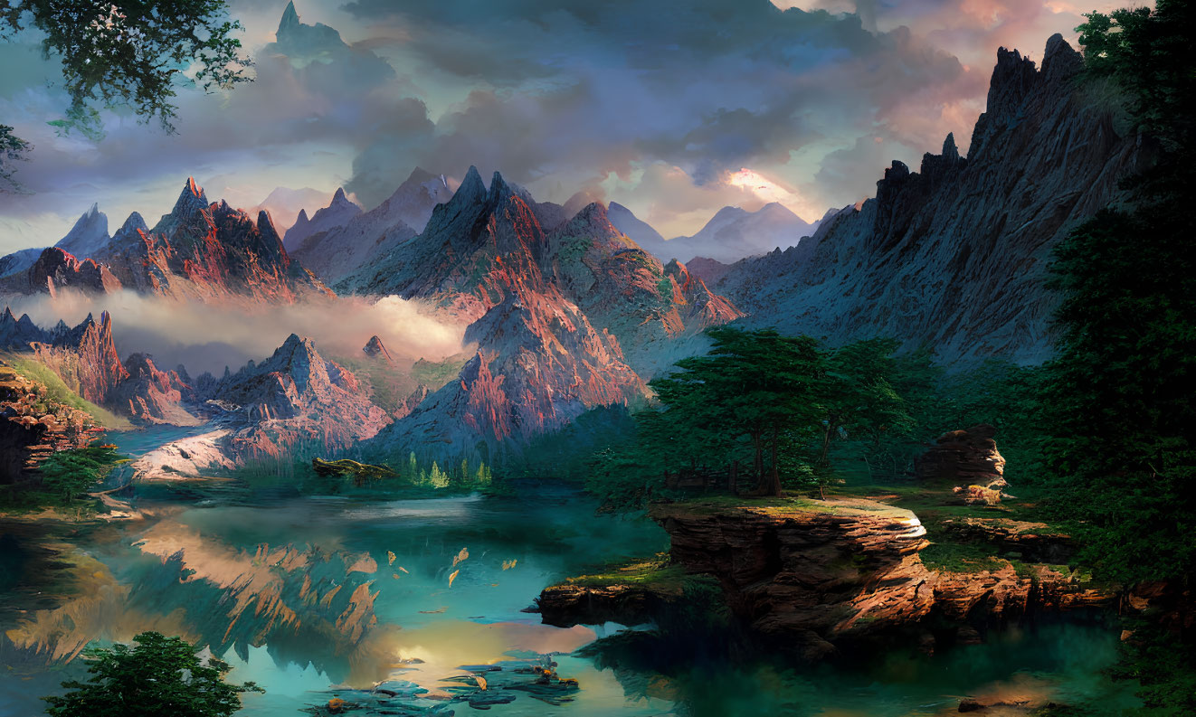 Majestic mountains and lush forest reflected in serene lake at dawn or dusk