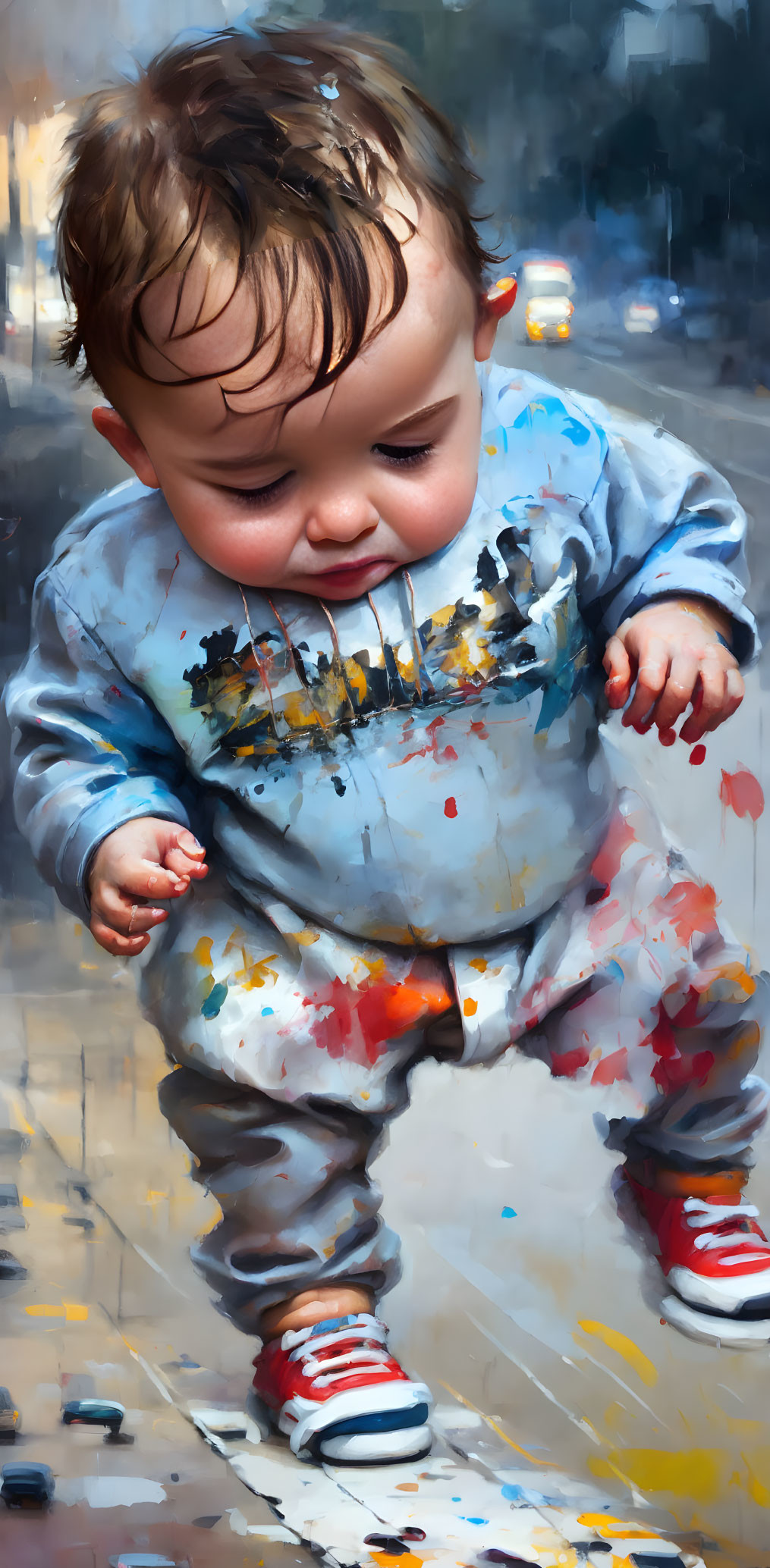 Messy-haired toddler in paint-splattered shirt and red shoes leaning forward curiously