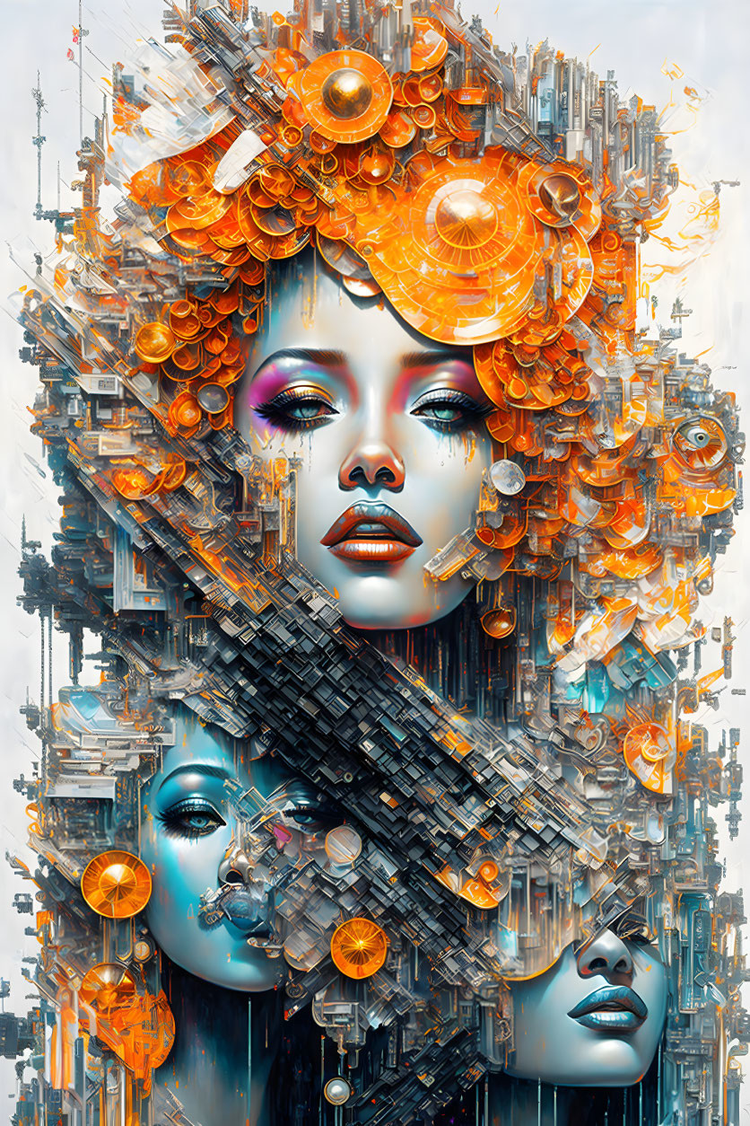 Digital artwork: Two female faces with futuristic cityscape in orange and blue hair