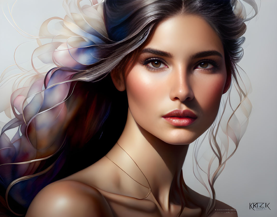Colorful digital portrait of a woman with flowing hair and abstract patterns.