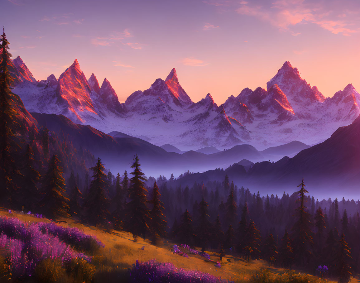 Scenic sunrise view of snow-capped mountains and wildflowers