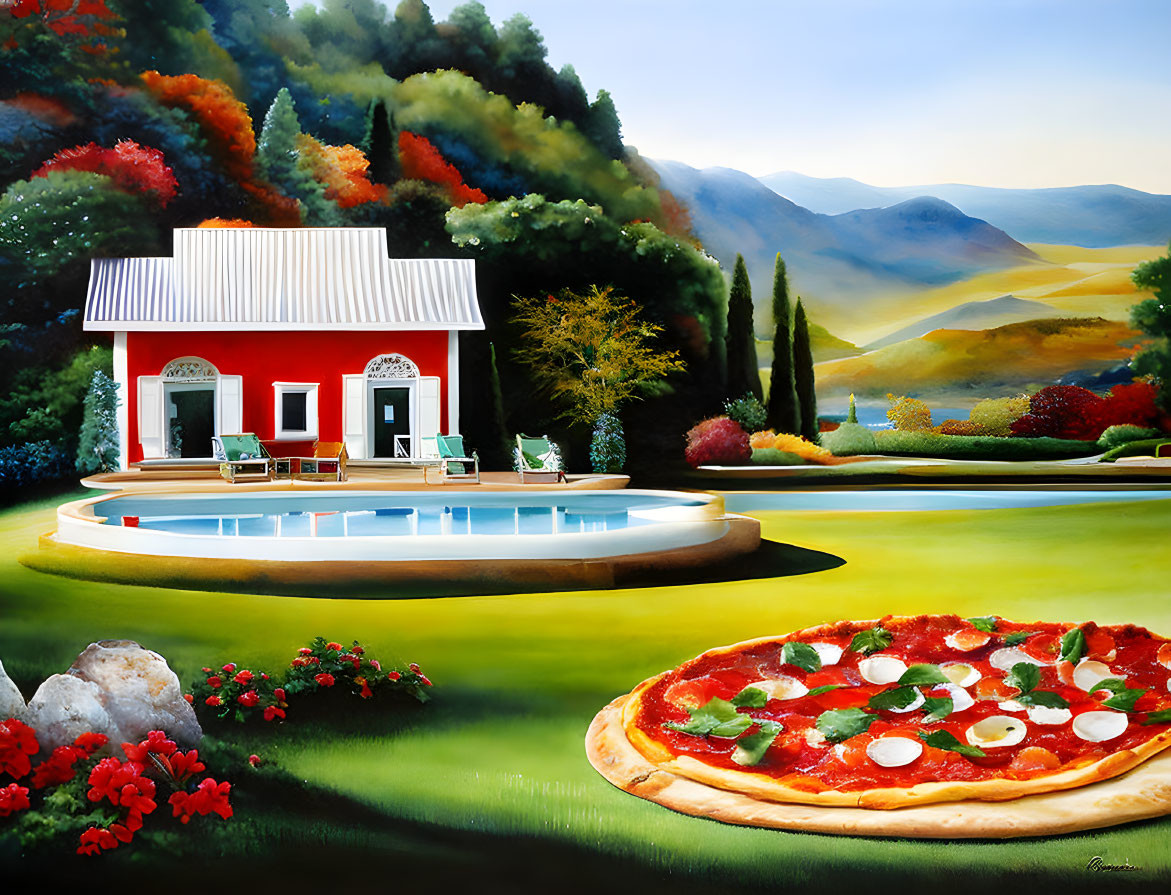 Colorful painting of house with red roof, pool, hills, and pizza.