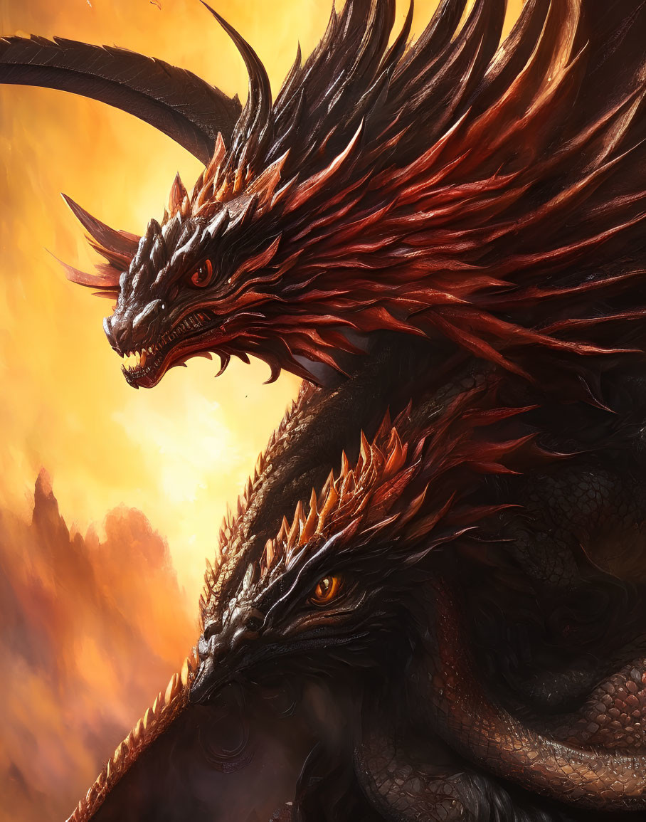 Majestic dragons with red and black scales in fiery sky