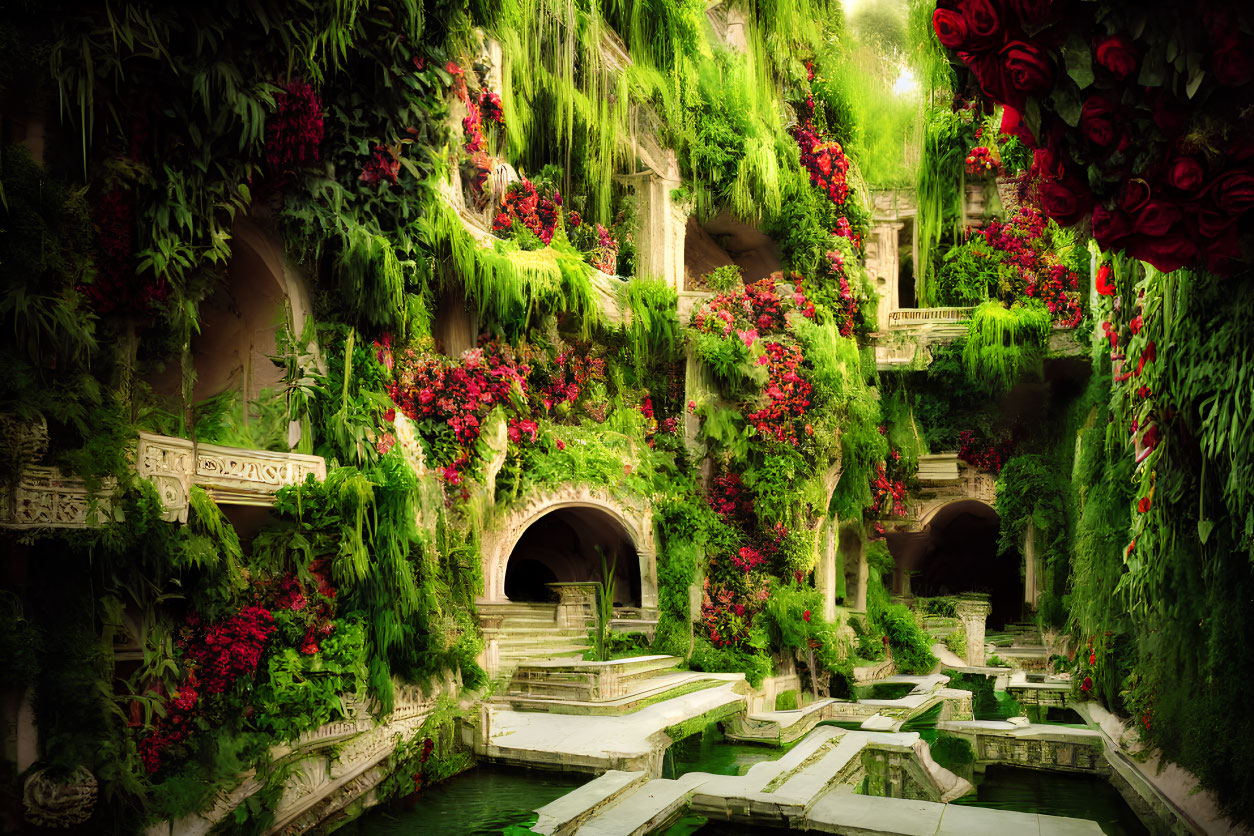 Lush Greenery and Red Flowers Surround Old Stone Fountain