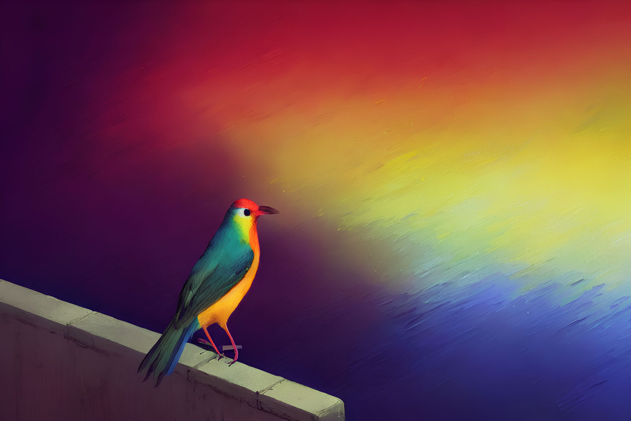 Colorful bird with red head, green body, and yellow accents on ledge against rainbow backdrop