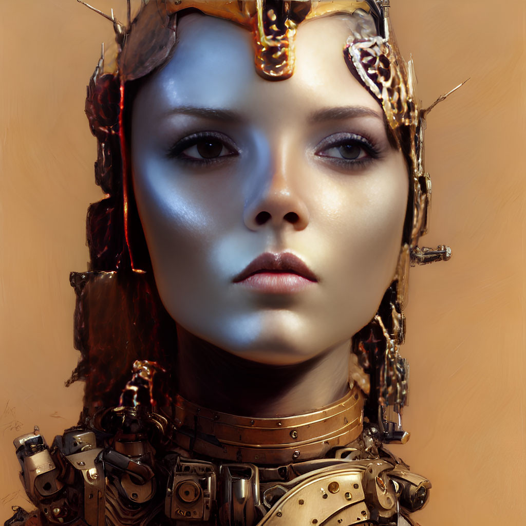 Female cyborg with metallic parts and futuristic headpiece.