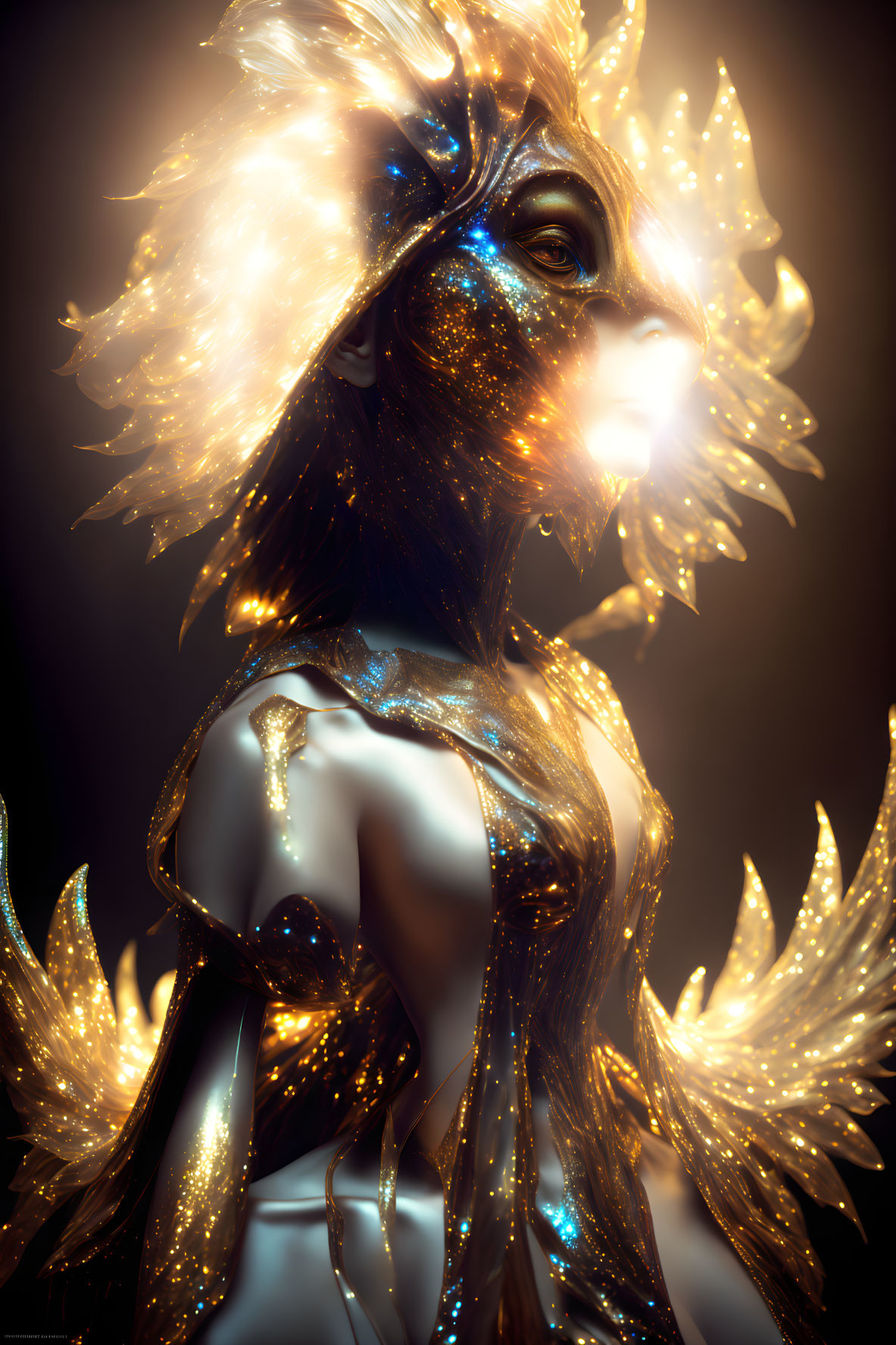 Shimmering figure with golden leaf adornments on dark background
