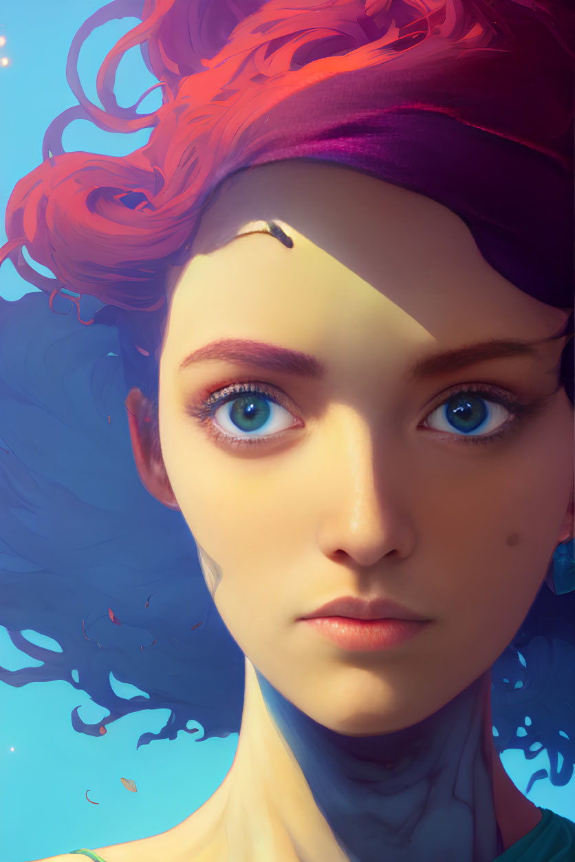 Digital portrait of woman with purple headband, red hair, blue eyes, and blue splashes