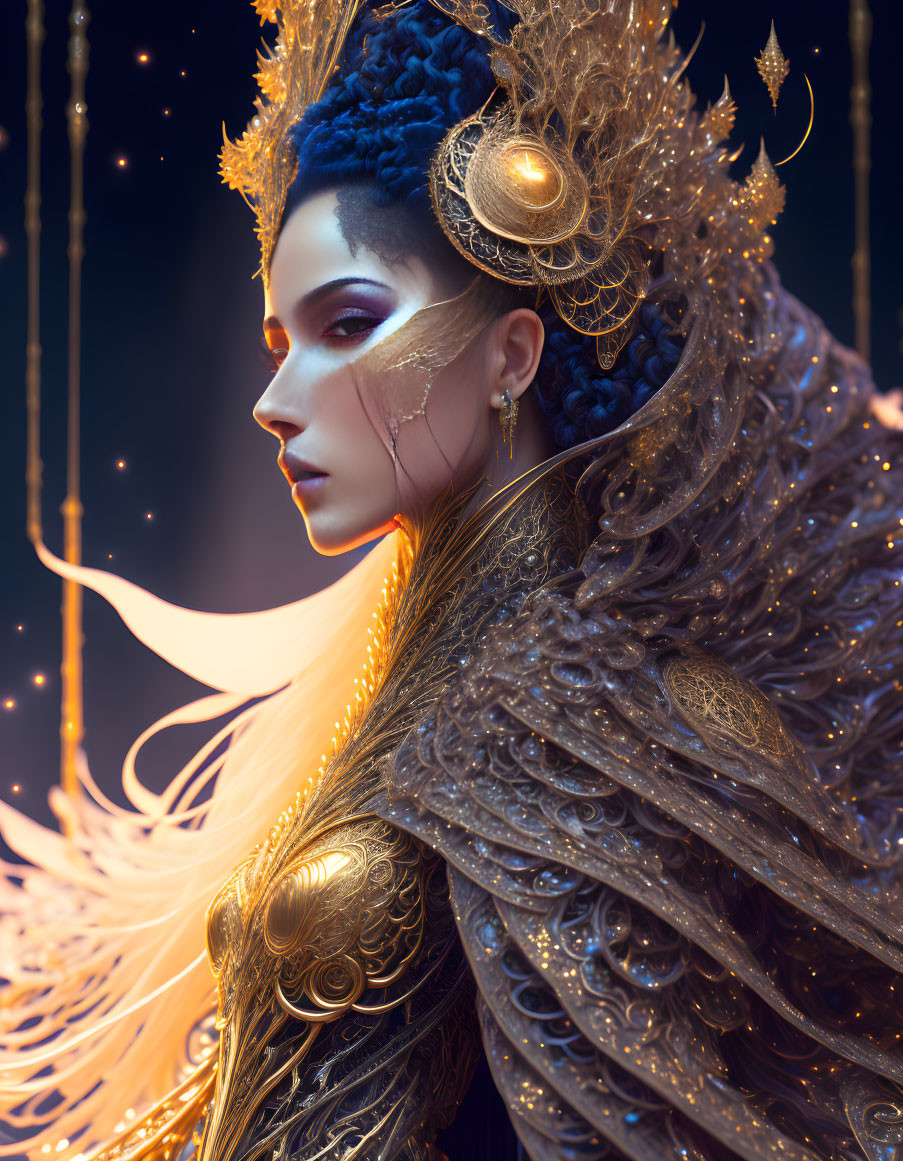 Fantasy portrait of woman with gold headpiece and shoulder armor