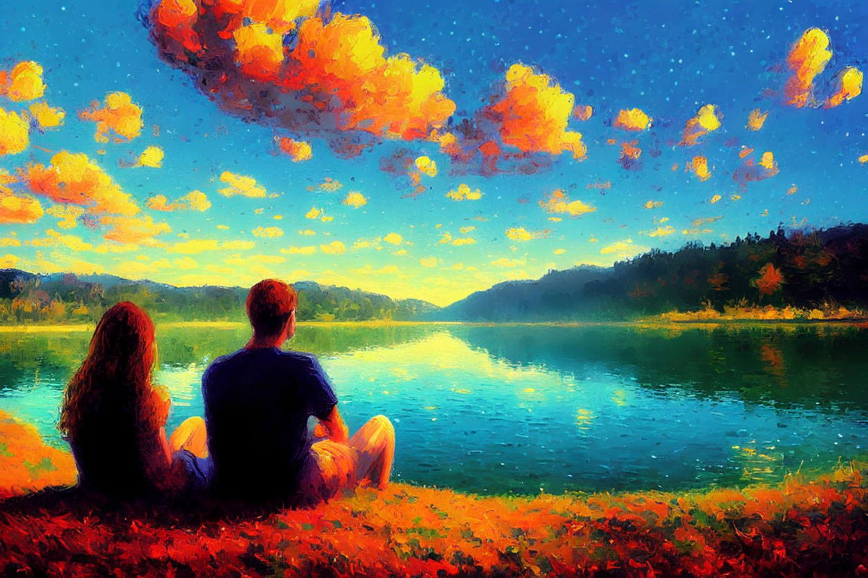 Couple Admiring Sunset by Serene Lake in Impressionist Painting