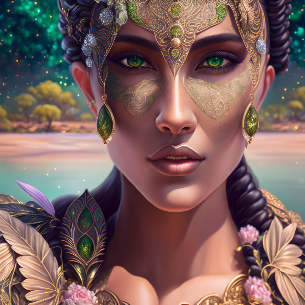 Detailed digital portrait of woman with fantasy makeup, green eyes, jeweled headpiece, braided hair