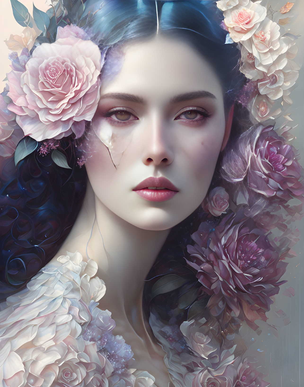 Digital artwork: Woman with blue hair, tear on cheek, surrounded by pastel blooms