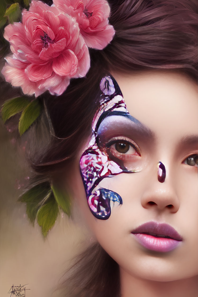 Person with Butterfly Wing Makeup and Floral Hair Accents