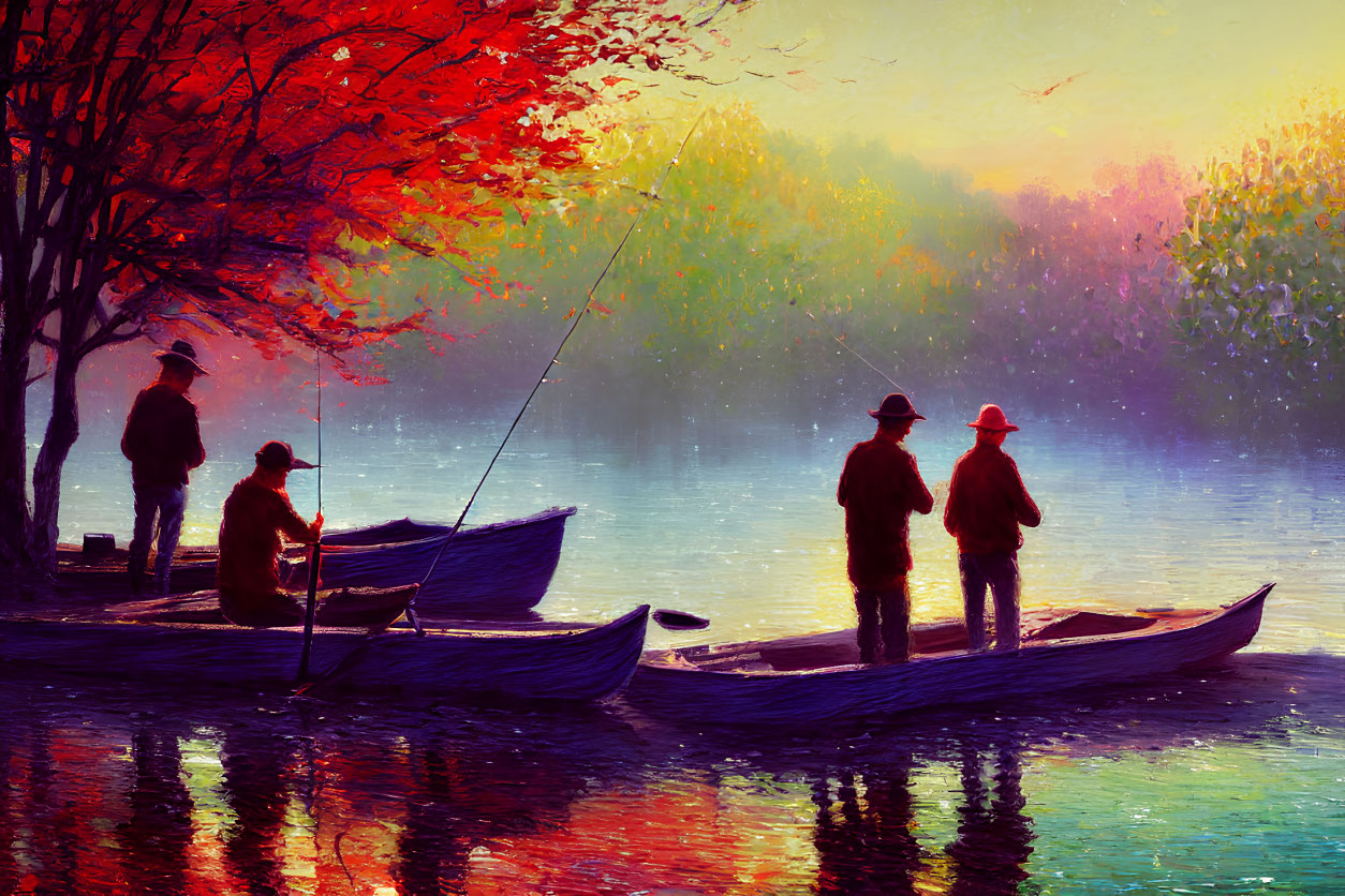 Tranquil lake sunset with fishing boat and autumn foliage