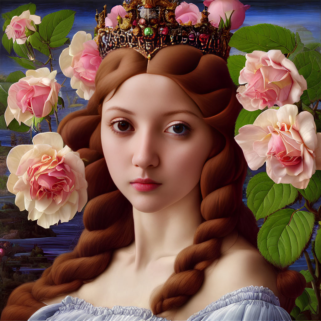 Portrait of Young Woman with Braided Hair and Crown Surrounded by Pink Roses on Blue Sky Background