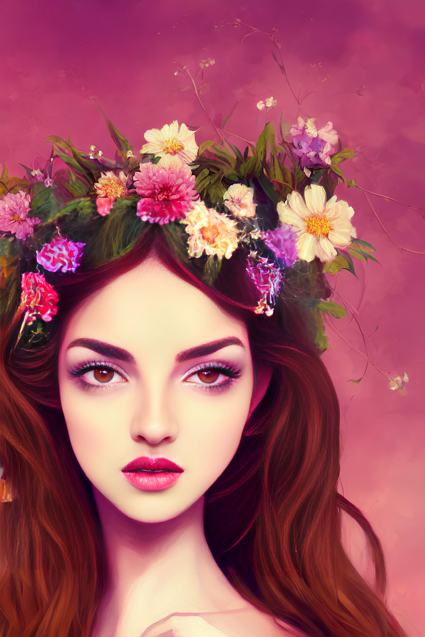 Vibrant digital portrait of a woman with red hair and floral crown on pink background