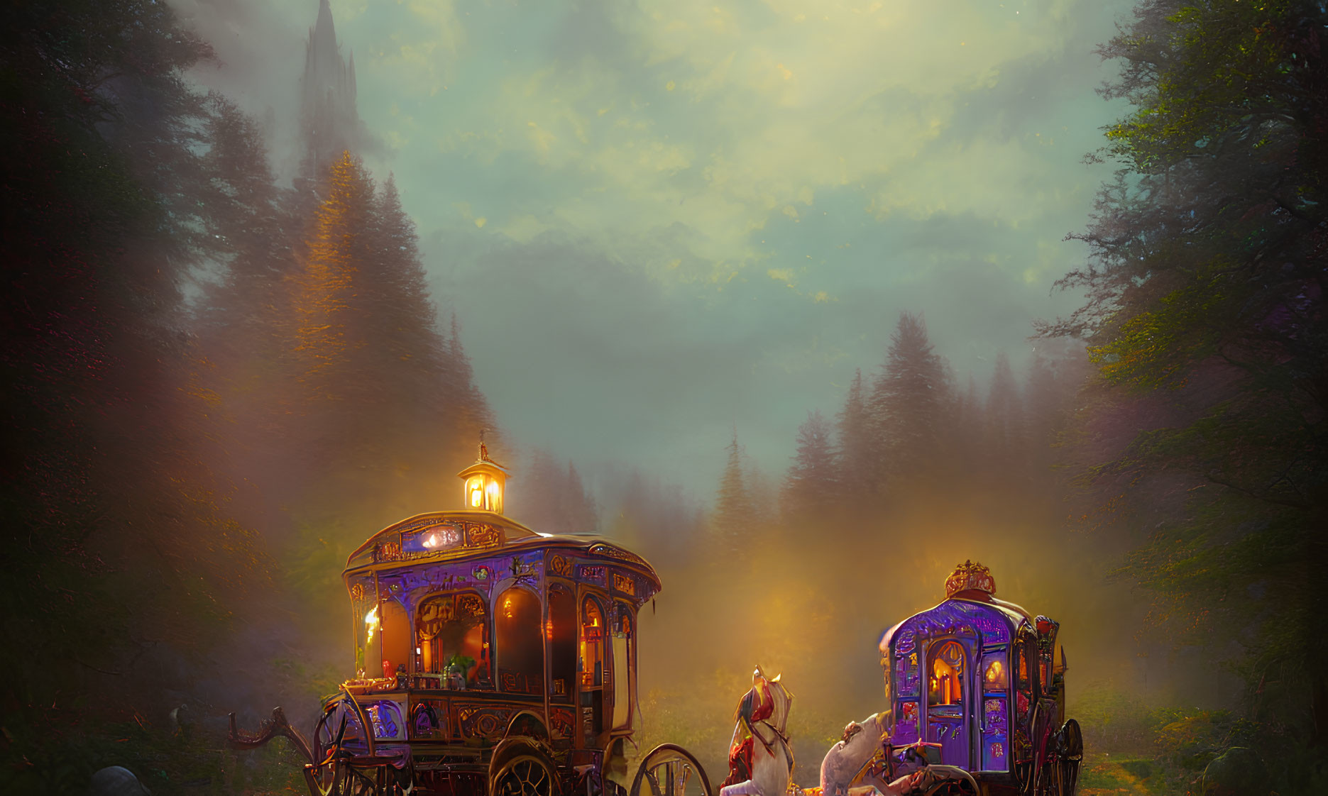 Ornate horse-drawn carriages on forest path with soft sunlight and mist