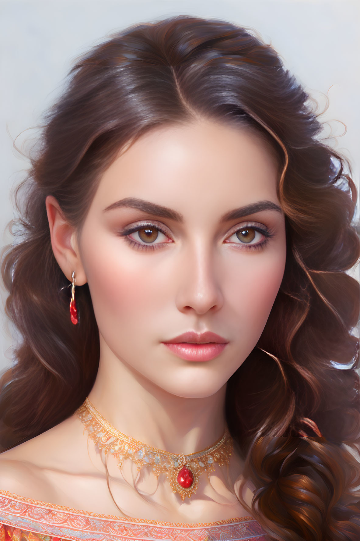 Portrait of woman with brown hair and eyes in red jewelry on blue backdrop