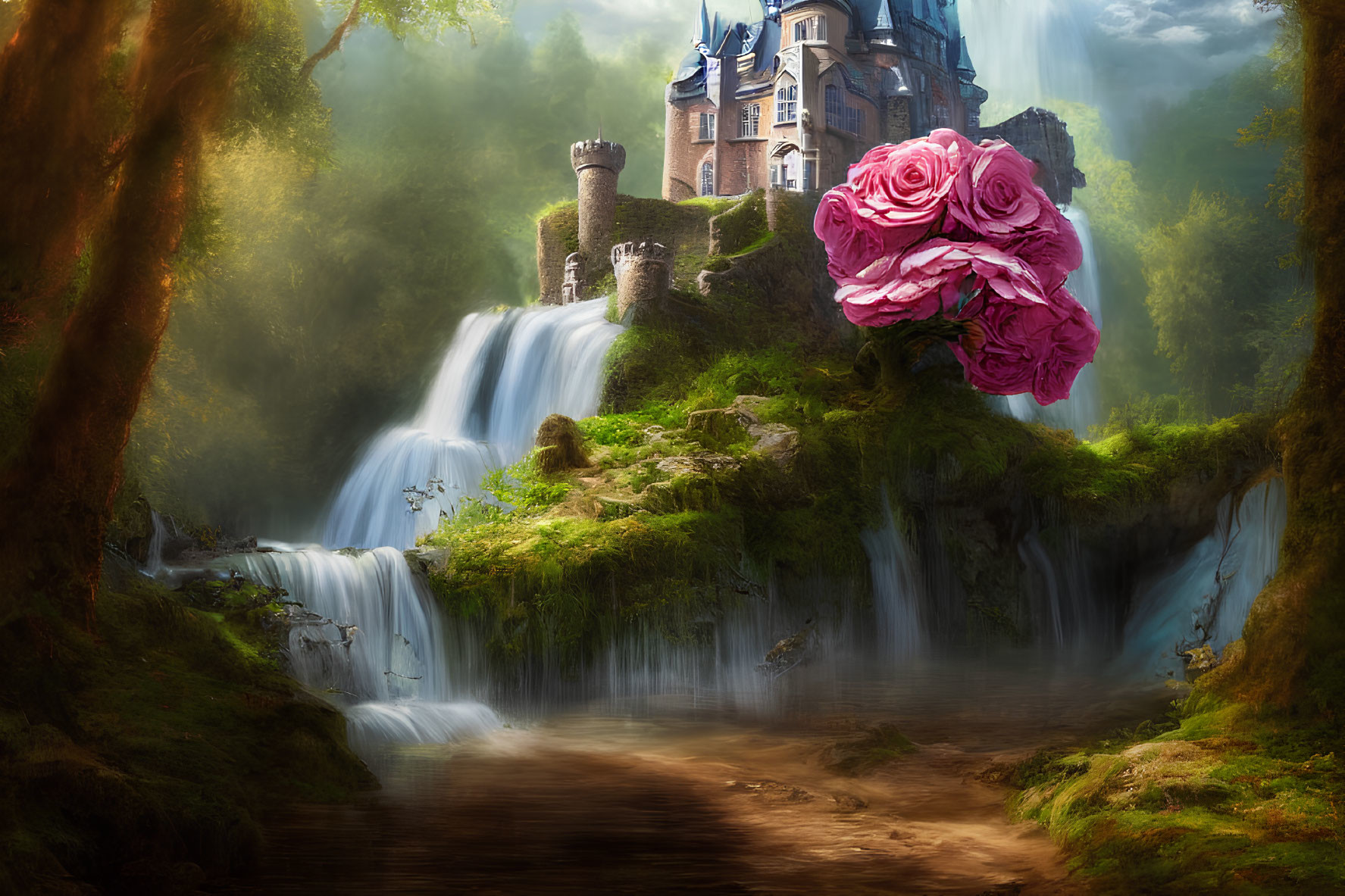 Fantastical castle on waterfalls with giant rose bouquet