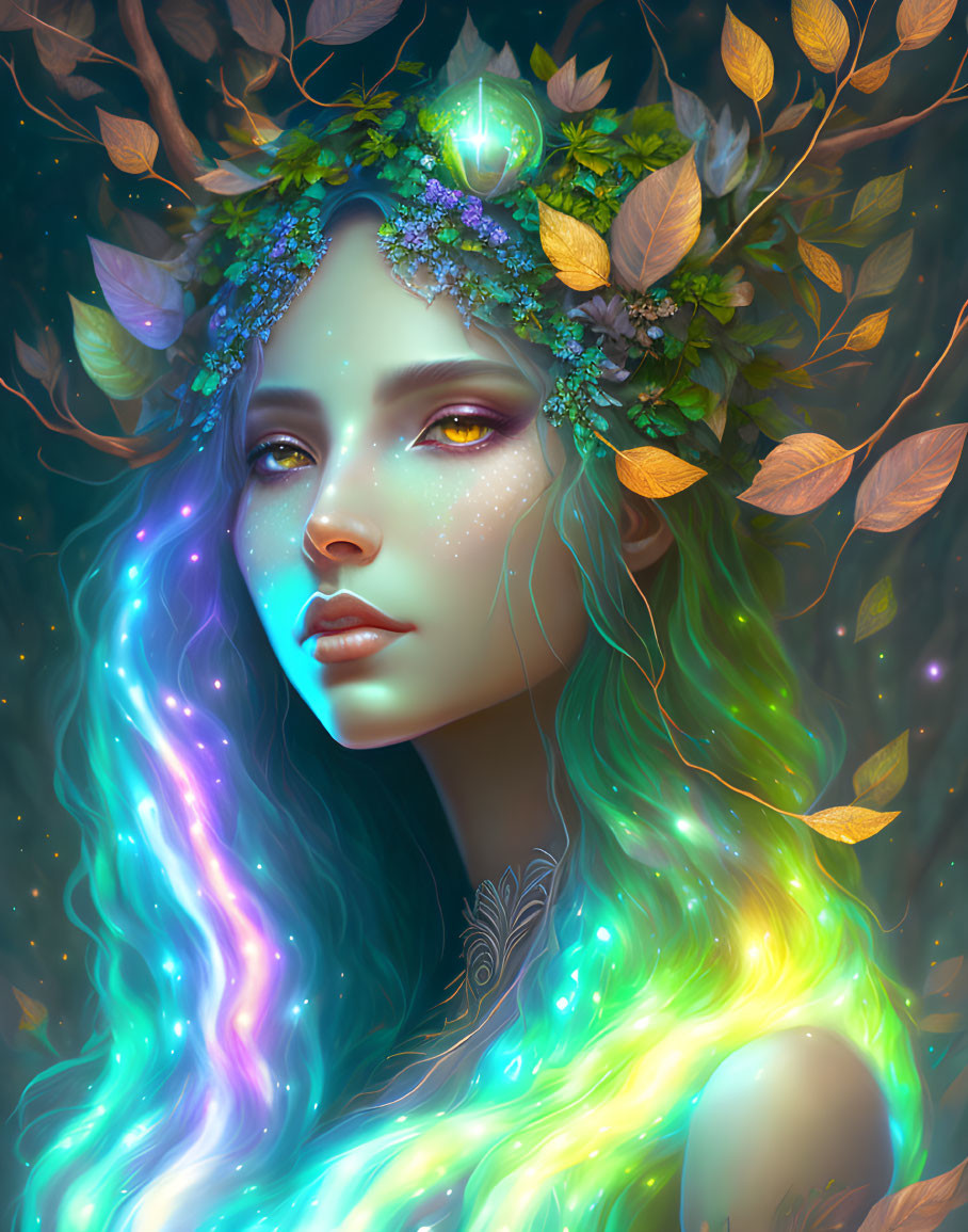 Mystical woman with multicolored hair and floral crown in leafy backdrop