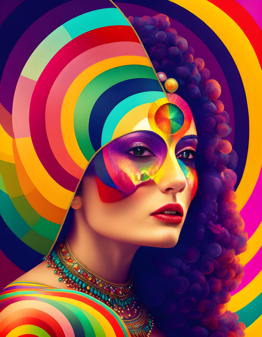 Colorful Abstract Design Surrounding Woman with Vibrant Makeup