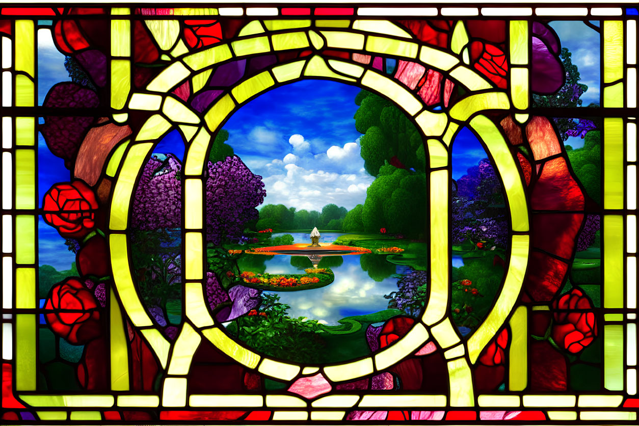 Colorful Garden Scene Stained Glass Window with Flowers, Trees, and Pond